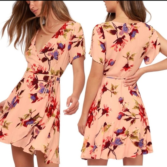 Lulus Cherished Love Wrap Mini Dress Blush Pink Floral Print - Picture 1 of 8